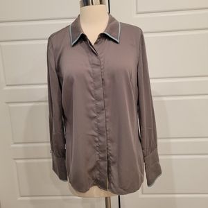 AUGUST EIGHT GREY BLOUSE WITH BLUE TRIM LONG SLEEVE BLOUSE SIZE MEDIUM
